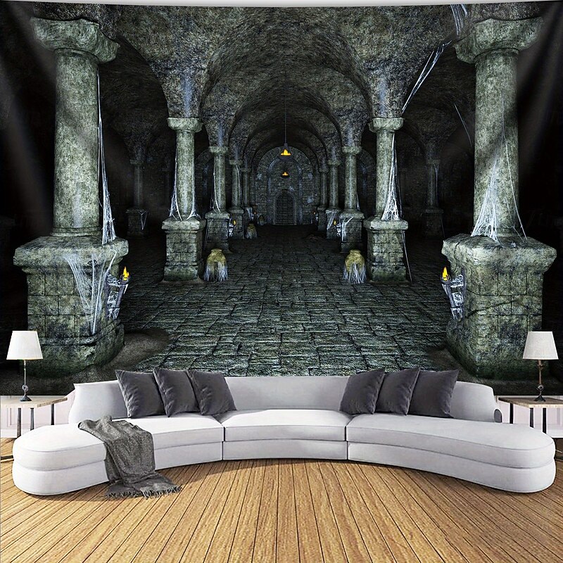 Dungeon Corridor Tapestry – Spooky Medieval Hallway Wall Hanging with Torches and Cobwebs for Halloween or Gothic Decor2