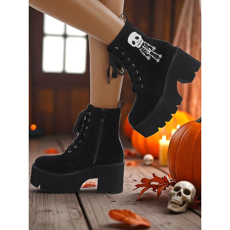 Women's Gothic Black Suede Platform Boots - Skeleton Embroidery Lace-Up Chunky Heel Ankle Boots for Halloween, Fall Cosplay & Party Wear3