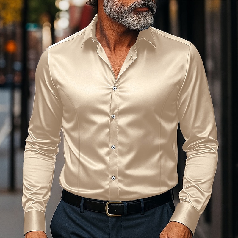 Men's Shirt Silk Like Satin Shirt Dress Shirt Casual Shirt Button Up Shirt Plain Formal Business Black White Yellow Pink Long Sleeve Lapel Spring &  Fall All Seasons Clothing Apparel