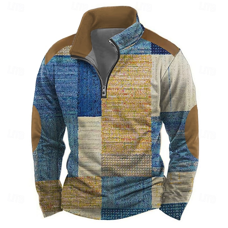 Men's Geometric Abstract Sweatshirt Casual Long Sleeve Stand Collar Vacation Streetwear Blue Purple Zipper Quarter Zip Fall Winter Designer