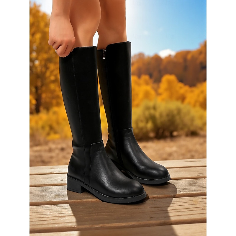Women's Faux Leather Knee-High Boots with Side Zipper and Low Block Heels, Sleek Urban Fashion Footwear2