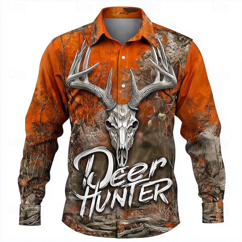 Men's Camo Camouflage Deer Shirt Button Up Shirt Long Sleeve Vintage Retro Outdoor Hunting Hiking Spring Fall Turndown 3D Print Collared Shirts Orange red Orange