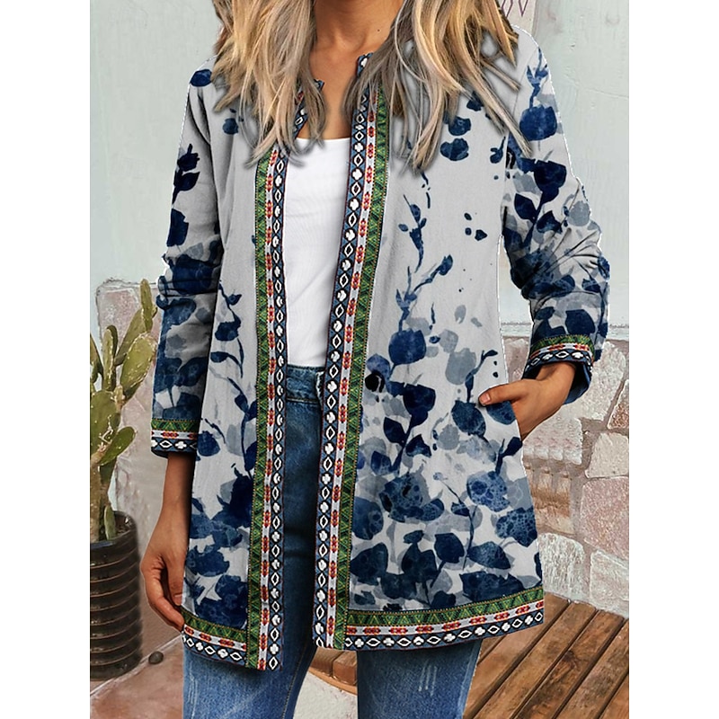 Women's Casual Jacket Windproof Warm Pocket Color Block Open Front with Pockets Modern Floral Casual Daily Casual Daily Short Crewneck Regular Fit Long Sleeve Outerwear Red Blue Khaki Fall