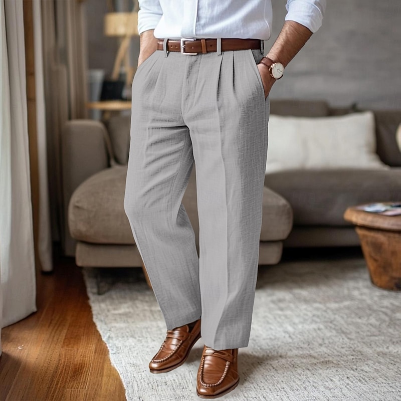 Men's Linen Pants Trousers Summer Pants Pleated Pants Front Pocket Straight Leg Plain Comfort Breathable Full Length Outdoor Casual Daily Vacation Fashion Black White Inelastic2