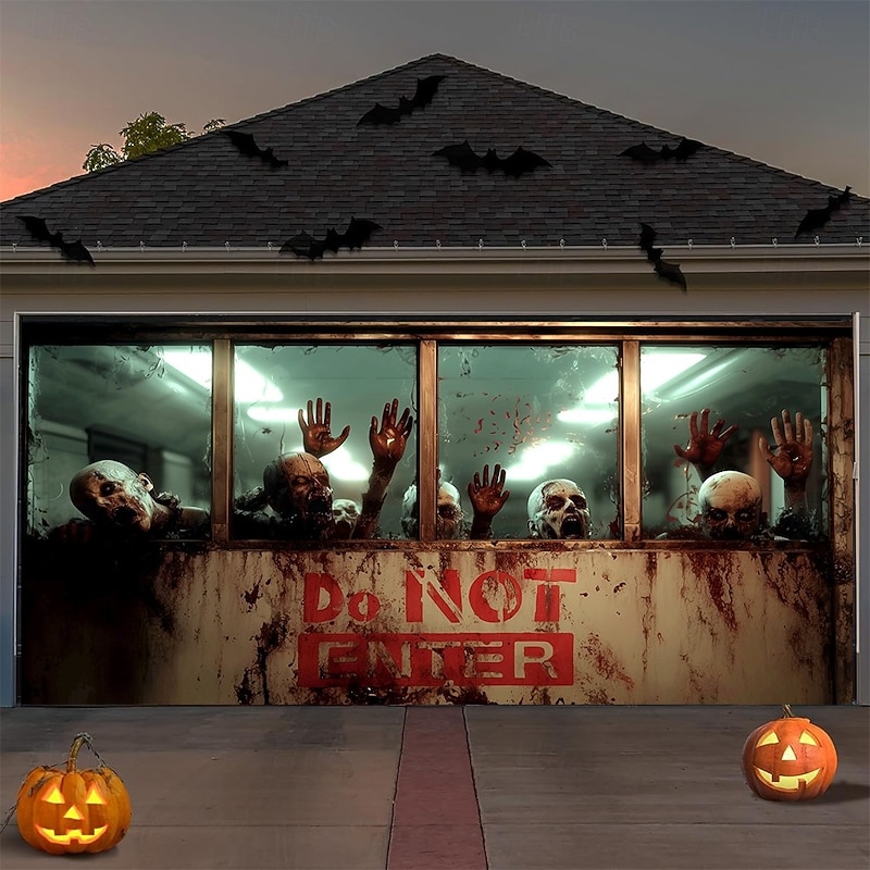 Halloween Garage Door Cover, Scary Zombie Do Not Enter Curtain, Haunted House 2025 Halloween Outdoor Decoration, Creepy Blood Splatter Horror Decor2
