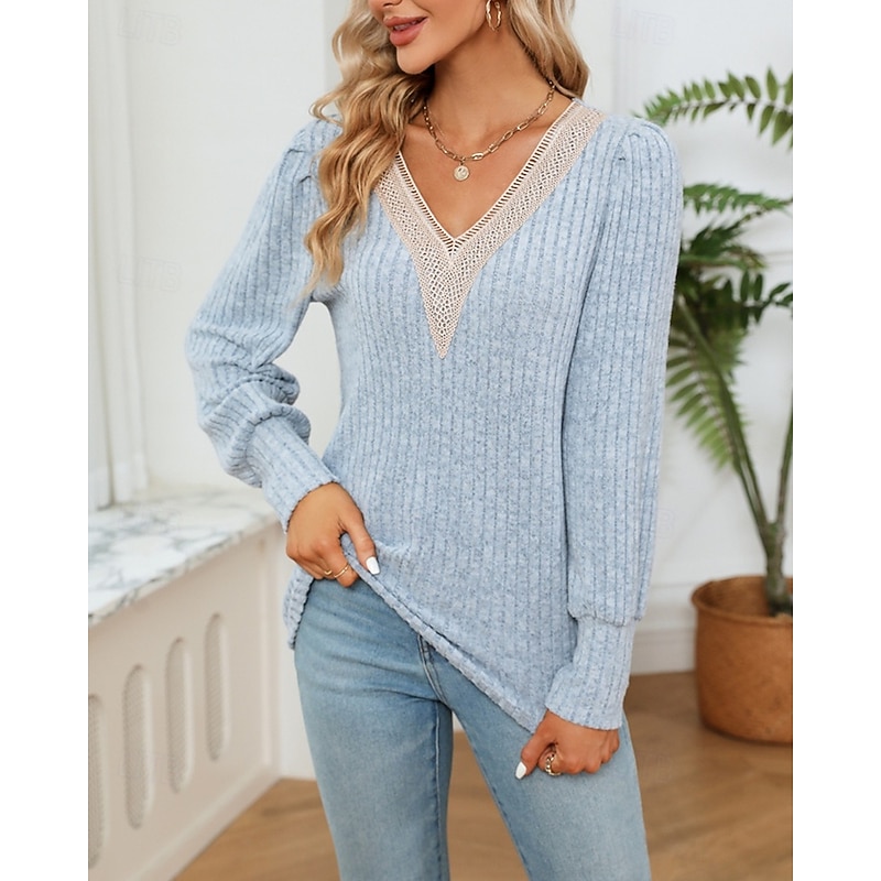Women's Sweater Pullover Daily Stylish Casual Color Block Ribbed V Neck Knitted Lace Trims Long Sleeve Regular Tops Knit Daily Holiday Going out Wine Red Black Fall Winter3