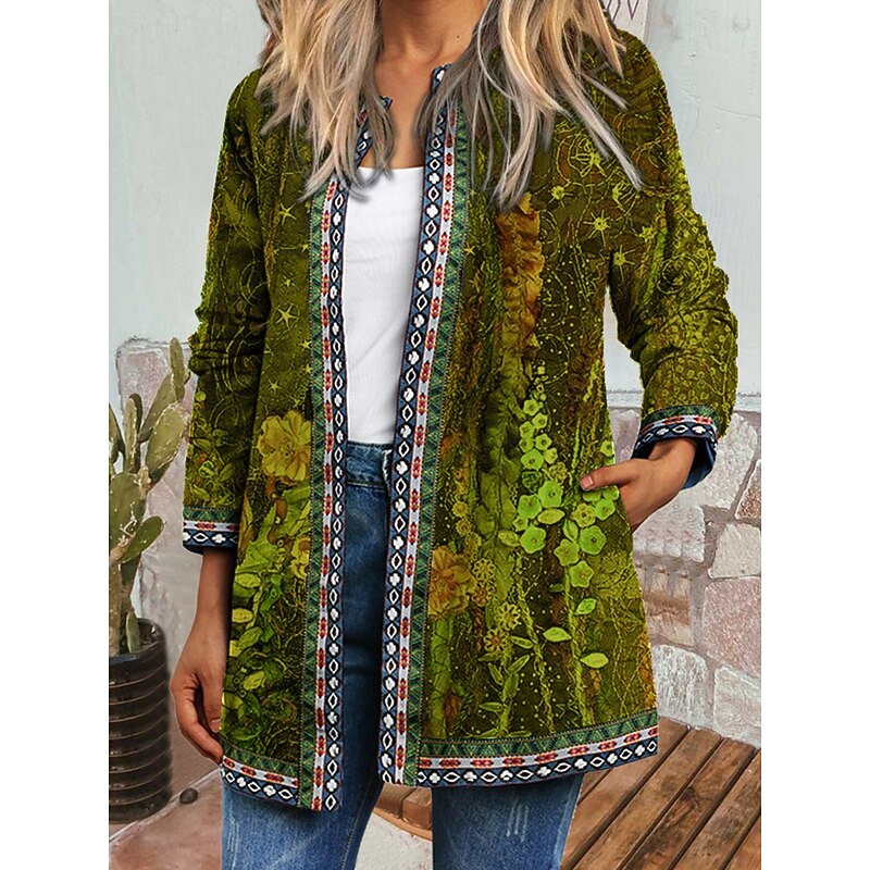 Women's Casual Jacket Windproof Warm Pocket Color Block Open Front with Pockets Vintage Modern Casual Floral Casual Daily Casual Daily Short Crewneck Regular Fit Long Sleeve Outerwear Light Green4