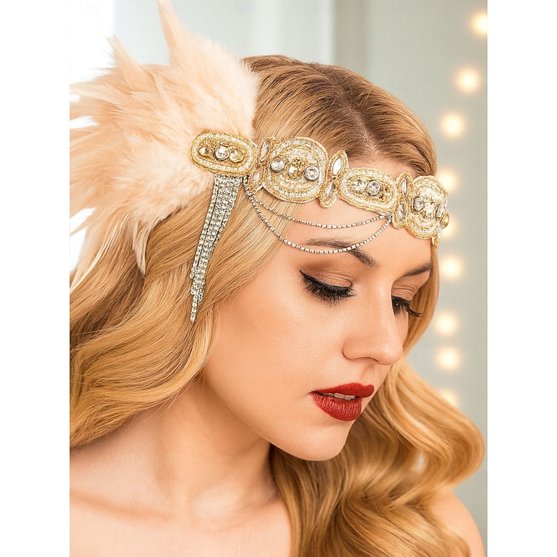 Women's 1920s Gold Beaded Feather Headband with Rhinestone Chains - Vintage Gatsby Party Flapper Hair Accessory