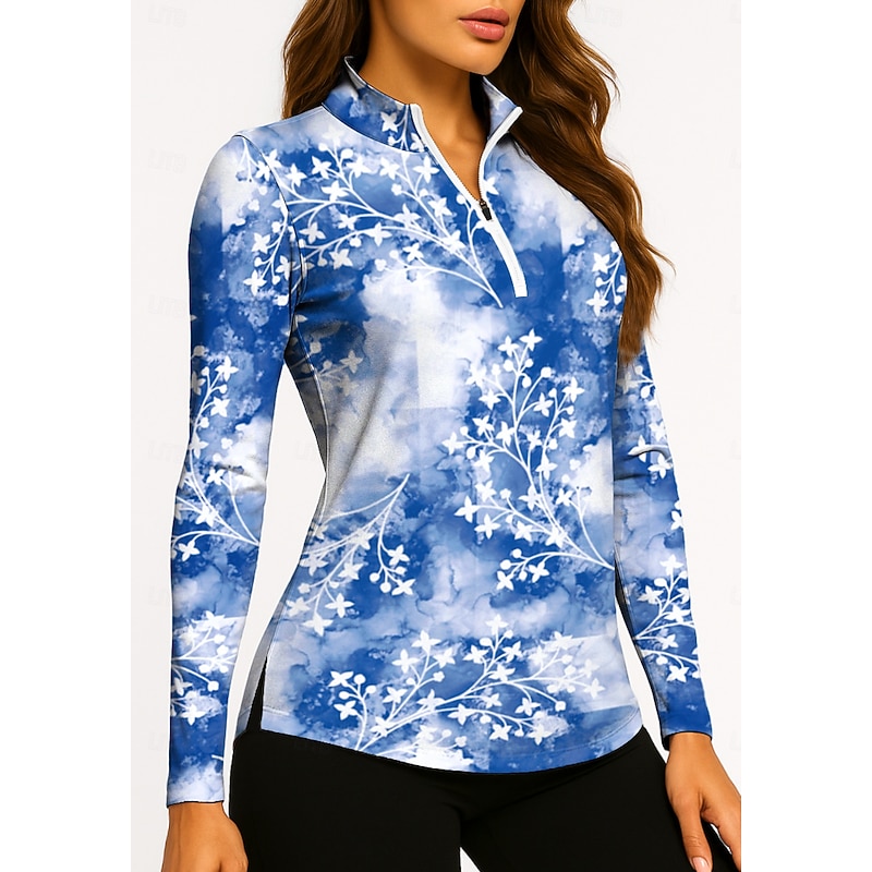 Women's Tie Dye Plants Tropical Floral Botanical Tops Golf Polo Shirt Tennis Shirt Tennis Tee Long Sleeve Print Quarter Zip Pullover UPF50+ UV Protection Elastic Breathable Tennis Golf Pickleball Zip3