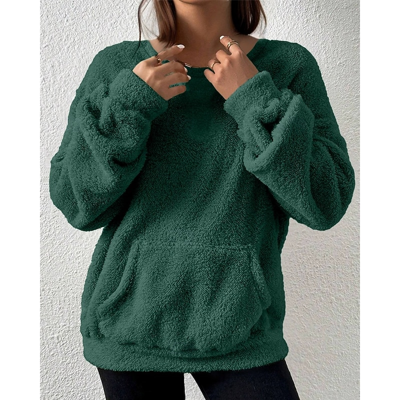 Women's Hoodies Plain Streetwear Casual Long Sleeve Crew Neck Regular Tops Street Holiday Pocket Green Fall Winter