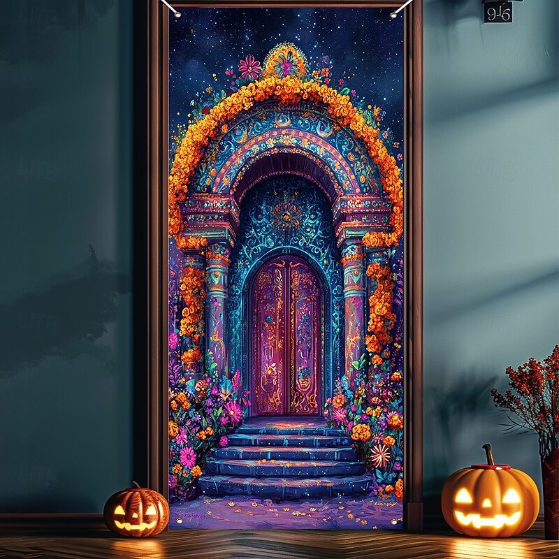 Day of the Dead Door Cover Outdoor Banners Skeleton Marigold Mexico Psychedelic Dark Punk Gothic Style Party Outdoor Shooting Backgrounds Front Door Wall Porch Home Decor2