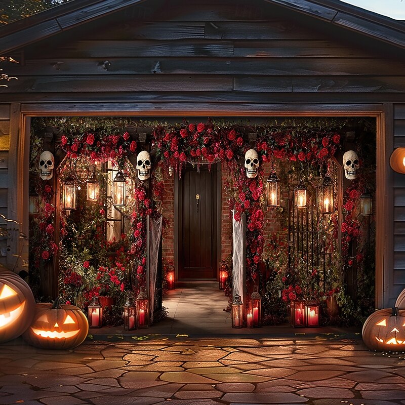 Halloween Garage Door Cover Large Hanging Backdrop Skeleton Cemetery Rose Dark Punk Gothic Style Party Outdoor Shooting Backgrounds Front Door Home Decor