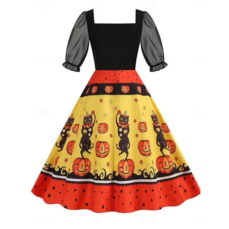 Halloween Women's Midi Dress A Line Dress Casual Daily Holiday Regular Fit Pumpkin Spider web Short Sleeve Square Neck Black Yellow Purple Summer Spring Fall2