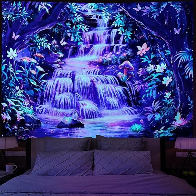 Trippy Waterfall Forest Tapestry – Glow in the Dark Psychedelic Wall Hanging for Bedroom or Dorm Decor2