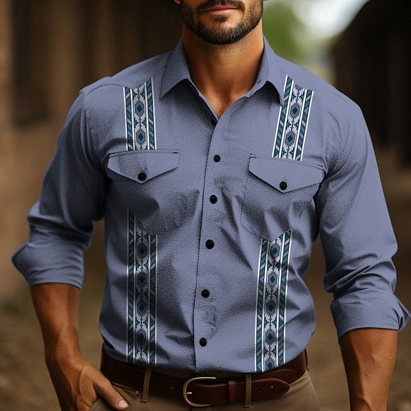 Men's Tribal Graphic Prints Vintage Shirt Western Shirt Cowboy Shirt Long Sleeve Fashion Designer Casual Outdoor Daily Fall & Winter Turndown Print Light Green Dusty Rose Blue Green3