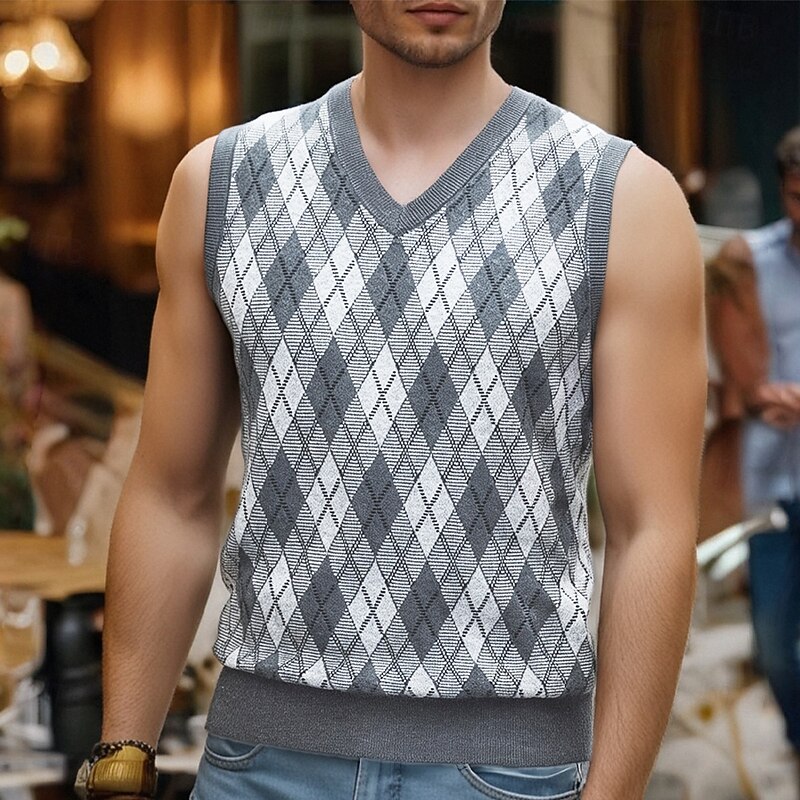 Men's Sweater Vest Dress Sweater Pullover Sweater Jumper Vest Knit Sweater Ribbed Knit Regular Tops Knitted Argyle V Neck Fashion Casual Vacation Daily Wear Clothing Apparel Fall Winter Dark Gray2