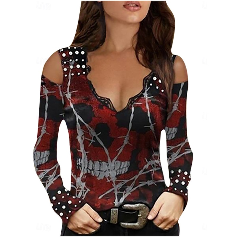 Halloween Women's Blouse Floral Stylish Casual Long Sleeve V Neck Regular Tops Daily Print Black Red Khaki Dark Gray Summer Spring Fall