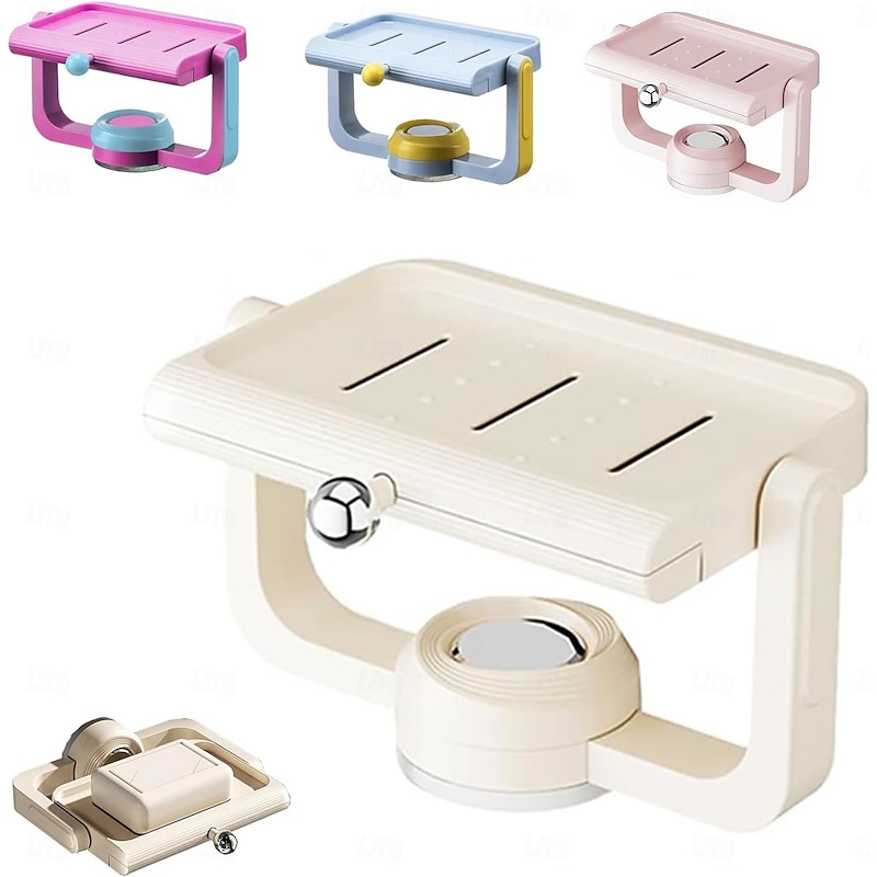 Wall-Mounted Suction Cup Rotating Soap Dish with Drainage Non-Drilling Sponge and Soaps Rack Organizer Perfect for Shower, Bathroom, Tub and Kitchen Sink