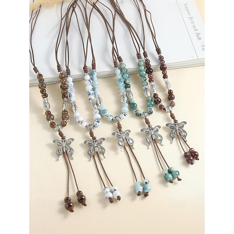 Women's Adjustable Ceramic Bead Butterfly Pendant Necklace – Bohemian Long Rope Jewelry for Casual Wear, Gifts and Festivals