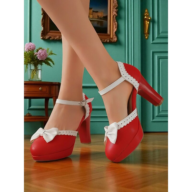 Women's Black and White Bow Ankle Strap Heels - 1950s Vintage  Round Toe Platform Pumps for Lolita Looks, Tea Parties and Elegant Daily Outfits4