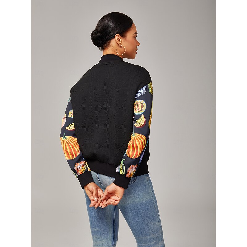 Women's Bomber Jacket Casual Street Patchwork Pumpkin Print Micro - elastic Textured Fabric Black Polyester Elastane3