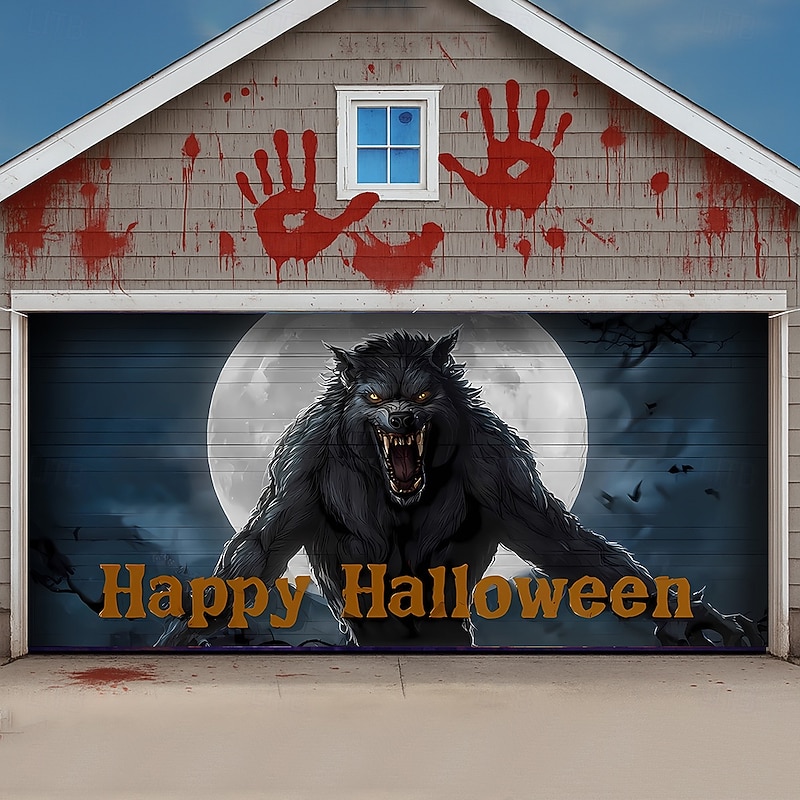 Halloween Garage Door Cover Large Hanging Backdrop Werewolf 3D Dark Punk Gothic Style Party Outdoor Shooting Backgrounds Yard Haunted House Home Decor3