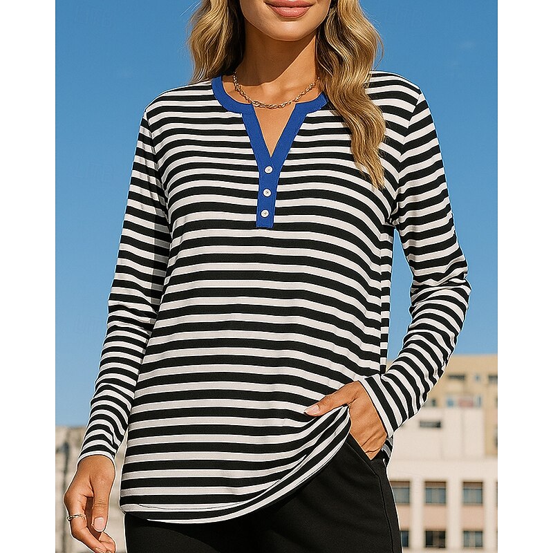 Women's Pullover Sweatshirt Casual Tops Long Sleeve Top Athleisure Fall V Neck Stripes Fashion Outdoor Travel Sportswear Activewear Black Pink Red