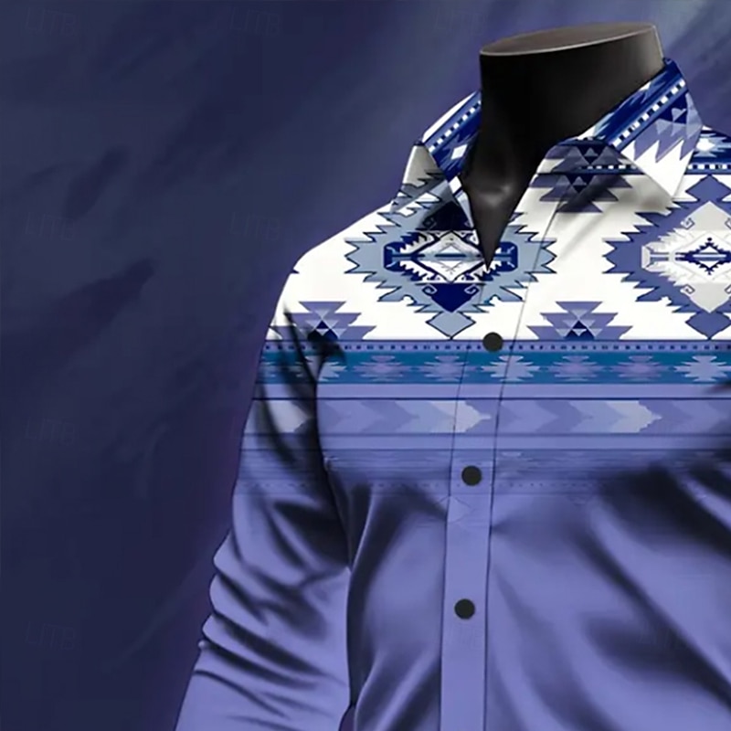 Men's Aztec Ethnic Indian Culture Shirt Western Shirt Cowboy Shirt Long Sleeve Vintage Retro Outdoor Vacation Spring Fall Turndown 3D Print Linen Like Shirt Light Purple Purple Orange Green Dark Blue2