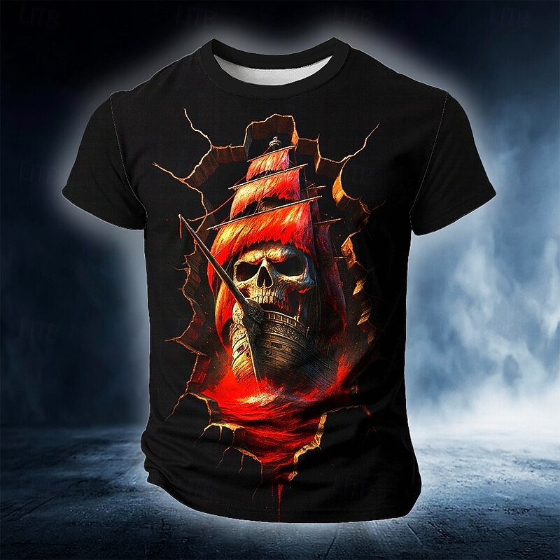 Halloween Men's Skull Ship 3D T Shirt Short Sleeve T shirt 3D Print Crew Neck Shirt Exaggerated Designer Horror Party Street Holiday Lake Blue Blue Orange Summer Spring Clothing Apparel S M L XL XXL4