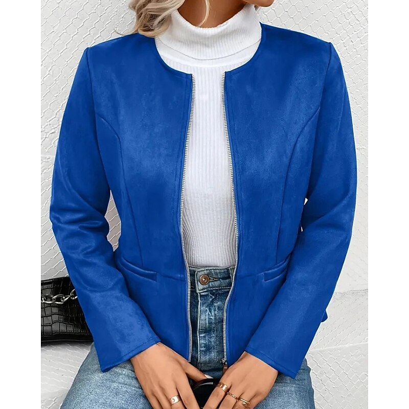 Women's Faux Leather Jacket Casual Jacket Warm Comfortable Zipper Pocket Fashion Plain Outdoor Street Going out Casual Daily Zipper Regular Crewneck Regular Fit Long Sleeve Outerwear Black Blue Dark3