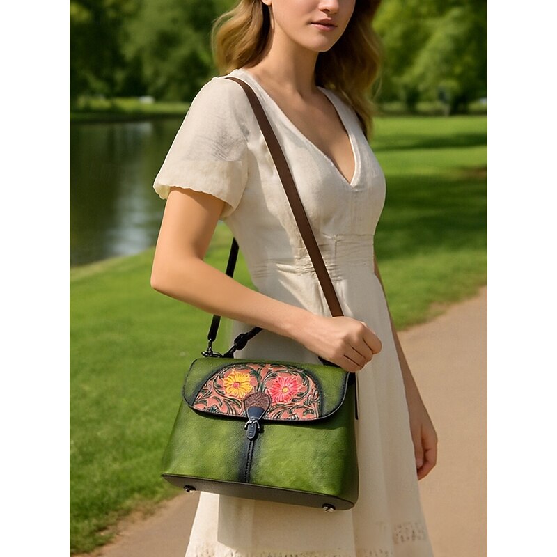 Women's Vintage Floral Embroidered Leather Handbag – Stylish Shoulder Bag with Floral Design, Ideal for Casual Everyday Wear and Dates2
