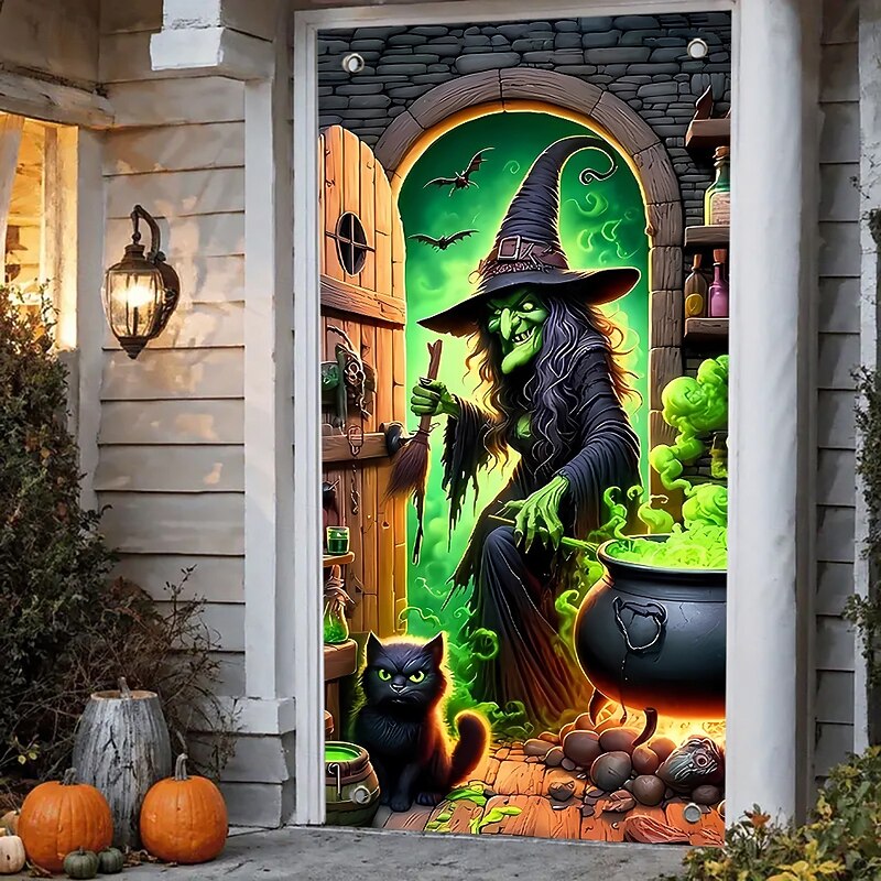 Halloween Door Decorations Halloween Door Covers Skeleton Witch Pumpkin Bat Door Tapestry Door Curtain Decoration Backdrop Door Banner for Front Door Farmhouse Holiday Party Indoor Outdoor Decor Supplies3