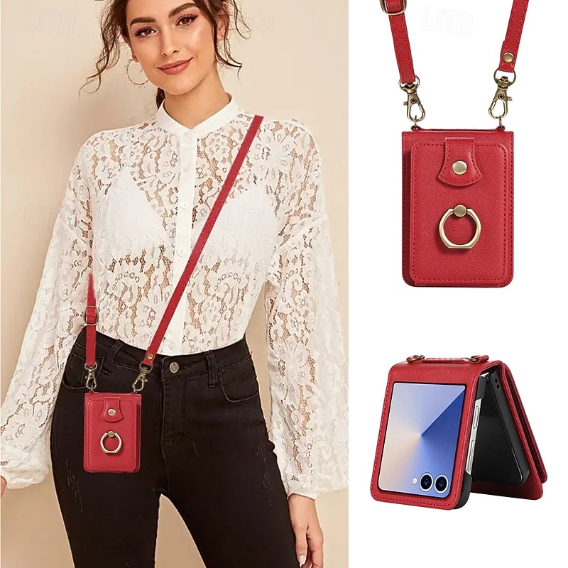 Phone Case For Samsung Galaxy Z Flip 7 Z Flip 6 Z Flip 5 Z Flip 4 Back Cover with Lanyard Kickstand Card Slot Retro TPU PU Leather4