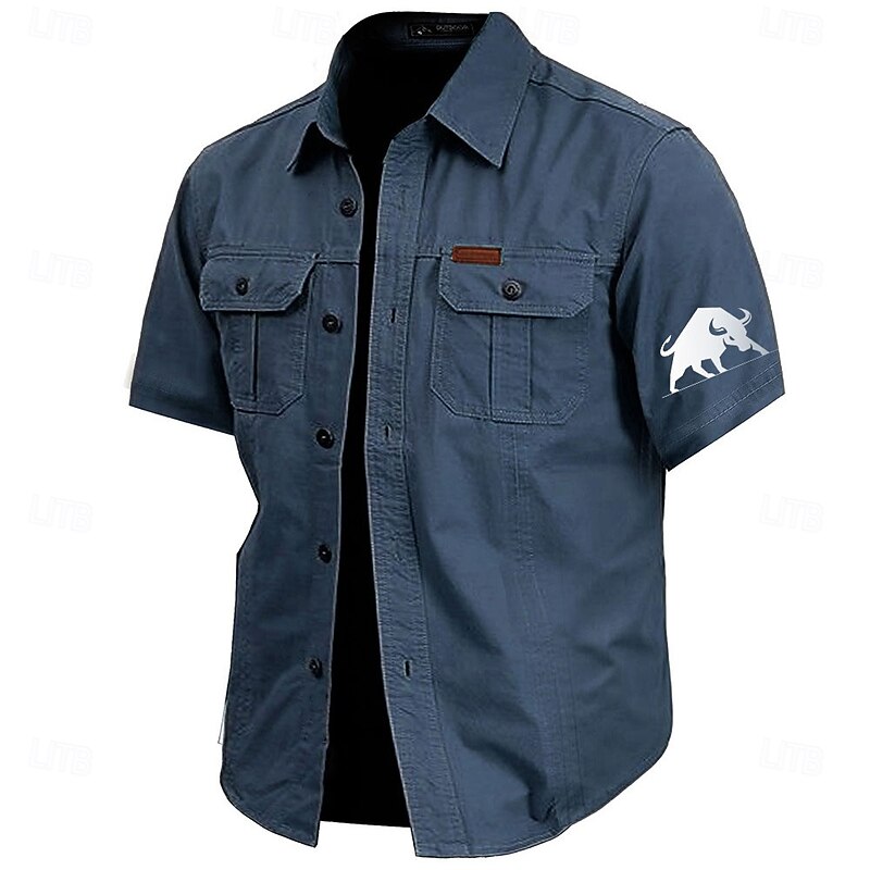 Men's Bull Work Shirt Western Shirt Cargo Shirt Short Sleeve Casual Tactical Sports Outdoor WorkWear Summer Spring Turndown Front Two Pockets Cotton Button Up Shirts Army Green Khaki Dark Blue Beige3