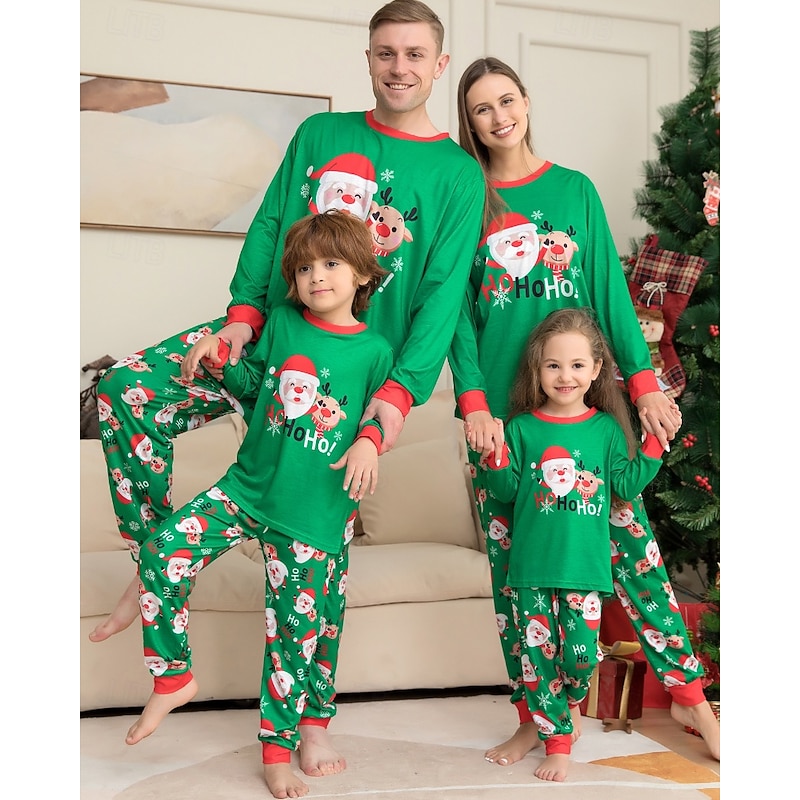 Family Pajamas Christmas Pattern Home Print Green Long Sleeve Adorable Matching Outfits