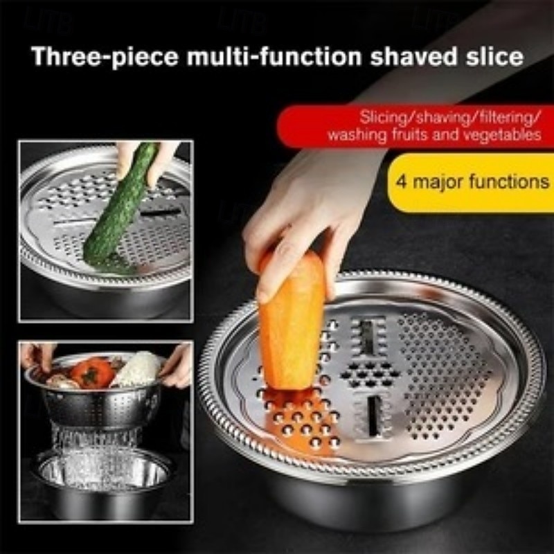 Multifunctional Grater Stainless Steel 3 Piece Set Vegetable and Cheese Shredder with Rice Washing and Draining Colander Bowl Kitchen Food Prep Tool Home Accessory4