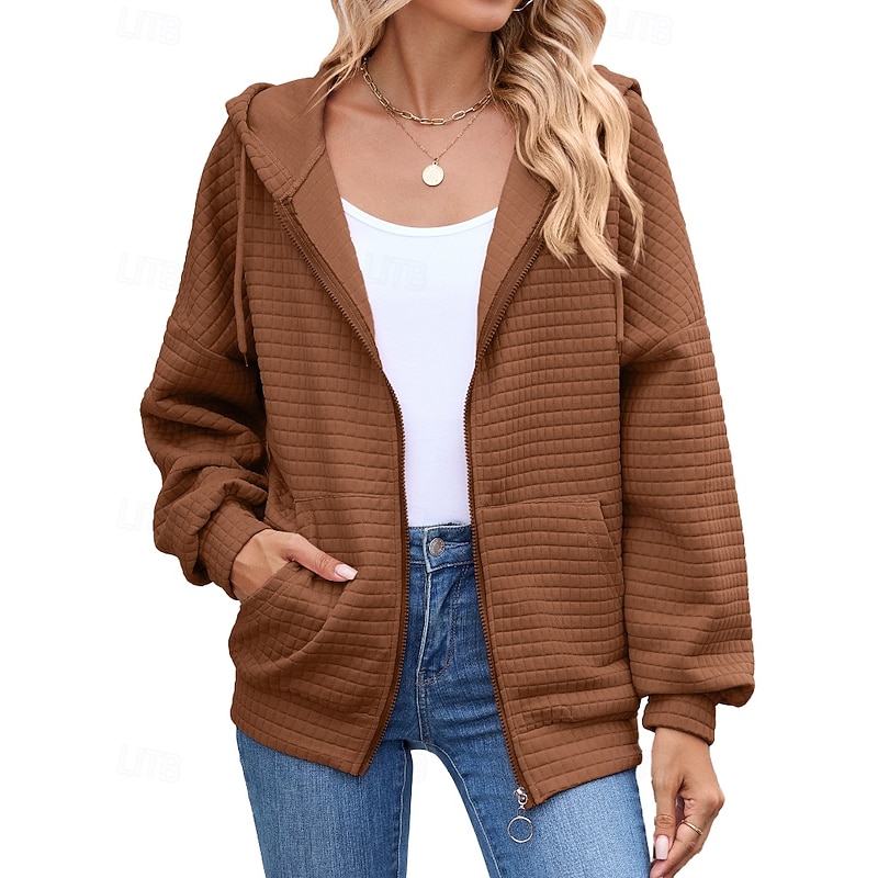 Women's Texture Sweatshirt  Hoodie Jacket Waffle Sweatshirt  Zipper Pocket Casual Plain Outdoor Street Holiday Daily Wear Zipper Regular Hooded Regular Fit Long Sleeve Outerwear Black Pink Brown Fall