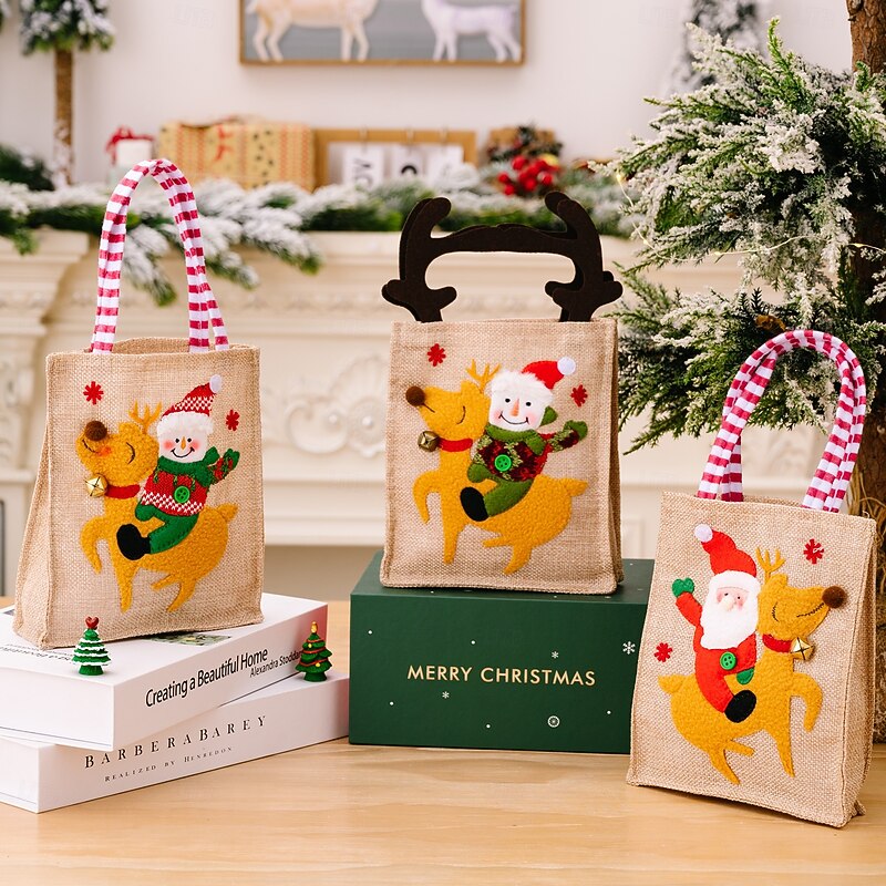 4pcs Christmas Gift Tote Bags, Striped and Cartoon Design, Kids Candy Bags, Holiday Party Favor Bags, Small Gift Apple Bags3