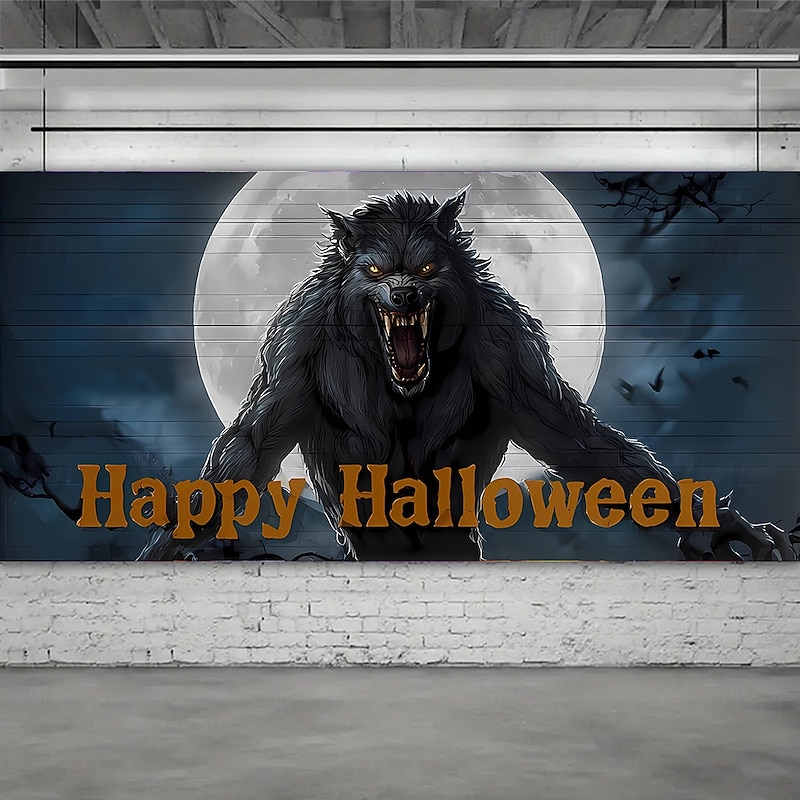 Halloween Garage Door Cover Large Hanging Backdrop Werewolf 3D Dark Punk Gothic Style Party Outdoor Shooting Backgrounds Yard Haunted House Home Decor2