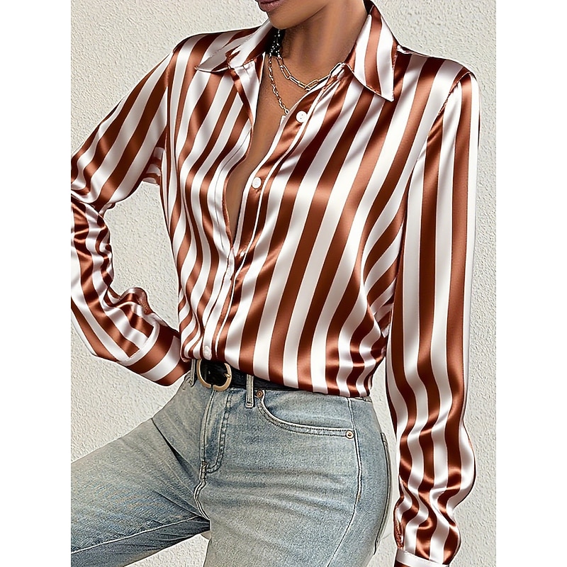 Women's Shirt Dressy Tops Formal Work Shirt Graphic Striped Elegant Stylish Casual Long Sleeve Collar Regular Tops Work Daily Black Red Brown Spring Fall Winter3