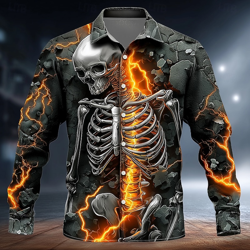 Halloween Men's Skull Lightning Cracked Lava Rock Shirt Button Up Shirt Long Sleeve Dark Gothic Style Outdoor Holiday Summer Spring Turndown 3D Print Collared Shirts Dark Gray Gray