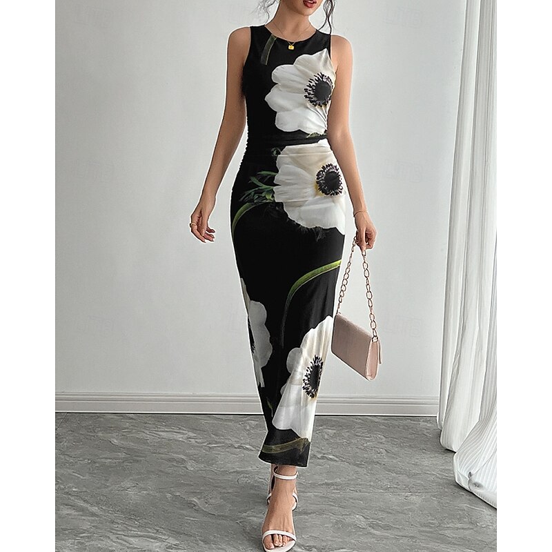 Women's Midi Dress Floral Dress Print Dress Fashion Modern Outdoor Holiday Going out Regular Fit Flower Sleeveless Crew Neck Black Fall4