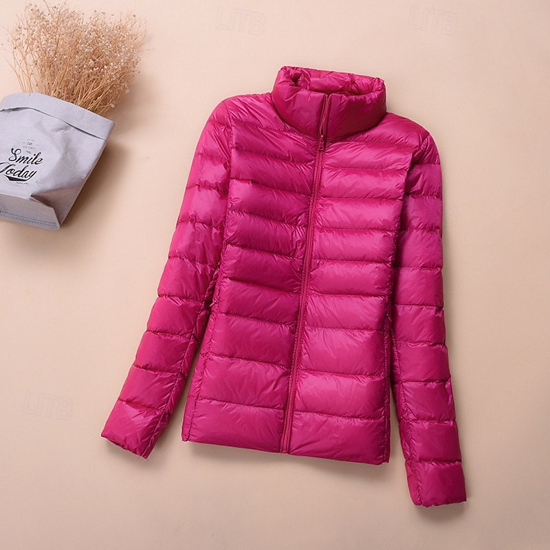 Women's Winter Coat Puffer Jacket Warm Comfortable Zipper Pocket Fashion Plain Street Going out Zipper Regular Stand Collar Regular Fit Long Sleeve Outerwear Light Green Wine Red Fall Winter