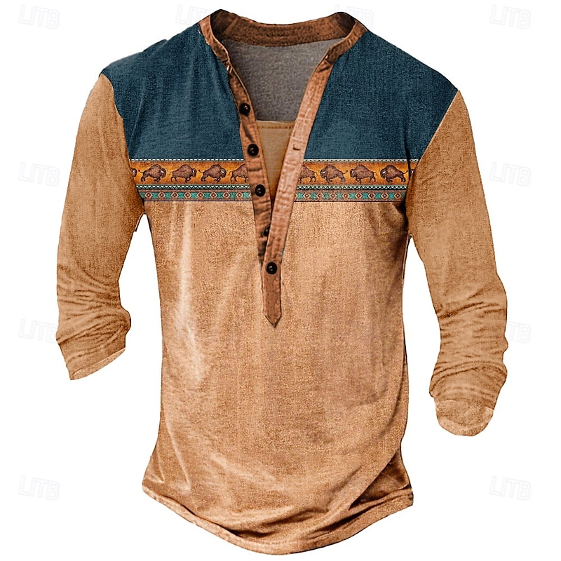 Men's Graphic Ethnic T Shirt Henley Shirt Long Sleeve Designer Retro Vintage Ethnic Street Casual Daily Summer Spring Fall Light Green Blue Brown Dark Gray Henley Henley T-Shirt