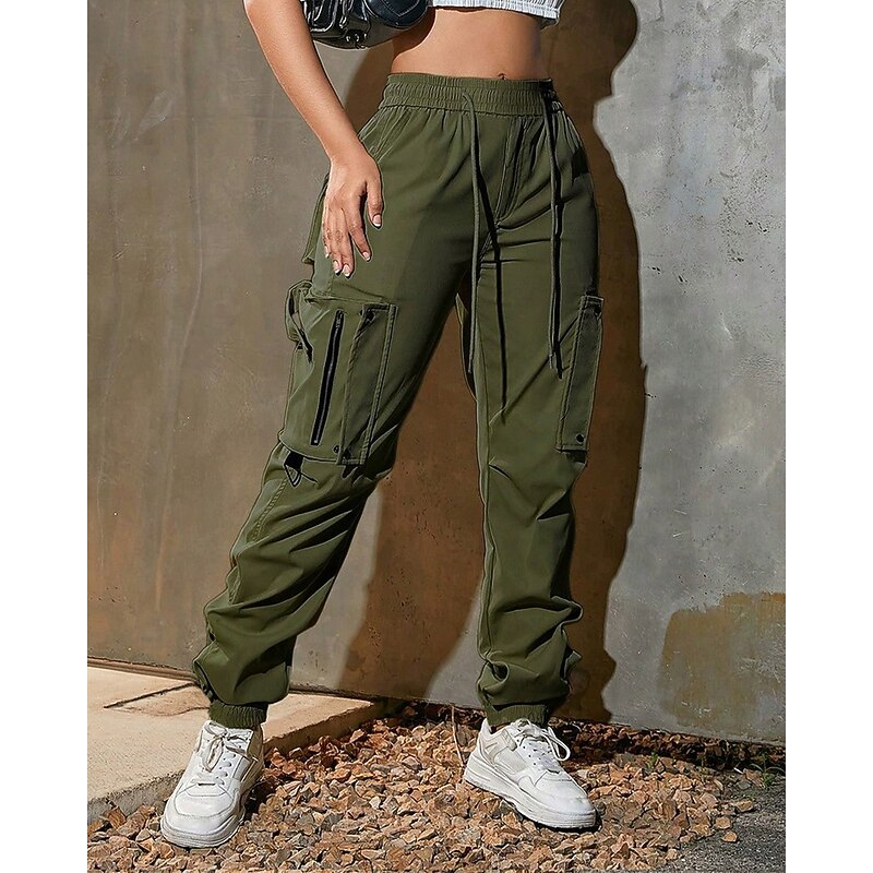 Women's Cargo Pants Slacks Streetwear Casual Full Length Natural Plain Drawstring Pocket Comfortable Street Holiday Daily Wear Almond Black Pink Green Fall Regular Fit3
