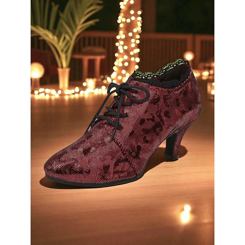 Women's Red Sequin Lace-Up Kitten Heel Dance Shoes, Vintage Gatsby Ballroom Performance Footwear for Ladies4