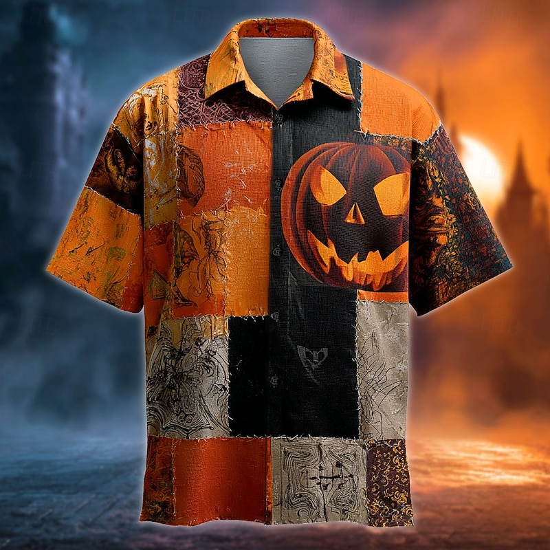Halloween Men's Color Block Pumpkin Patchwork Shirt Summer Shirt Button Up Shirt Short Sleeve Dark Gothic Style Holiday Streetwear Summer Spring Turndown 3D Print Collared Shirts Yellow Orange Green