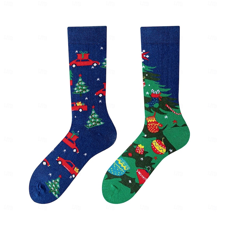 AB Asymmetrical Mid-Calf Combed Cotton Socks, Christmas Edition, Fashionable and Trendy Unisex Couple Holiday Socks2