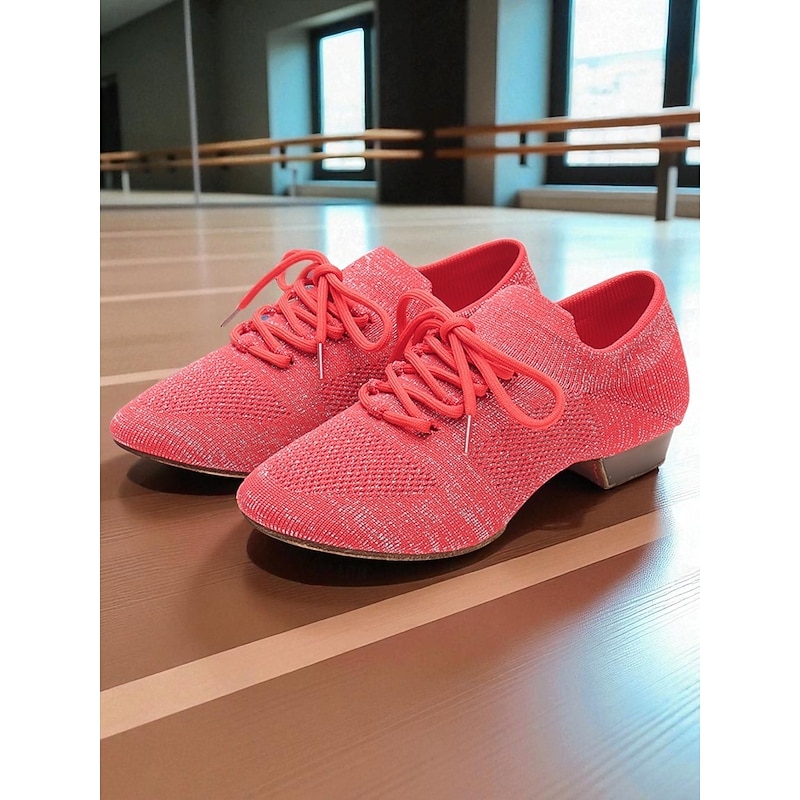Women's Professional Dance Shoes - Coral Pink Flyknit Lace-Up Jazz and Practice Footwear with Low Heel, Lightweight and Breathable Design for Ballroom, Latin and Stage Performances