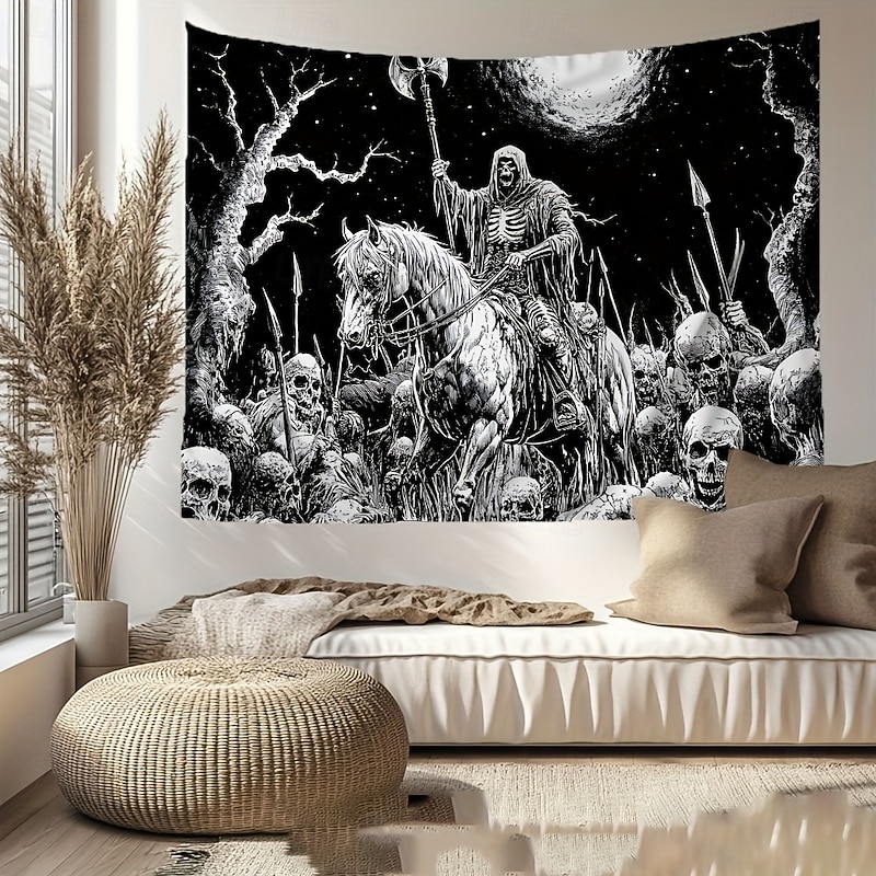 Gothic Skull Horror Tapestry – Black and White Skeleton Wall Hanging for Bedroom, Living Room, Dorm Decor2